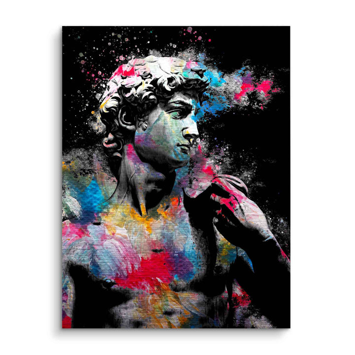Modernes Wandbild mit bunter David-Statue, Pop Art Stil, schwarzer Hintergrund