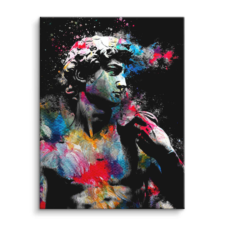 Wandbild auf Leinwand mit bunter David-Statue, Pop Art auf schwarzem Hintergrund