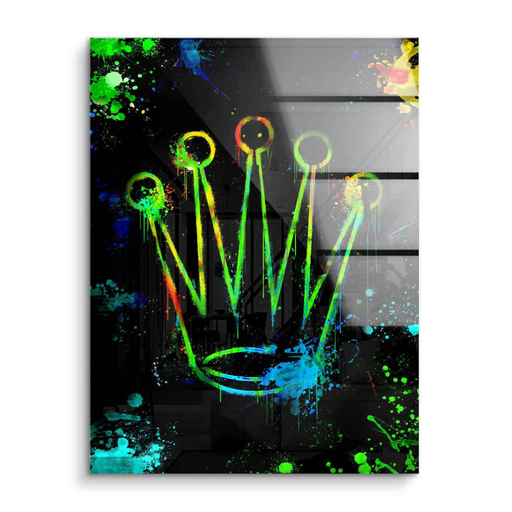 Modernes Acryl-Wandbild mit bunter Krone und neonfarbenen Farbspritzern auf schwarzem Hintergrund.