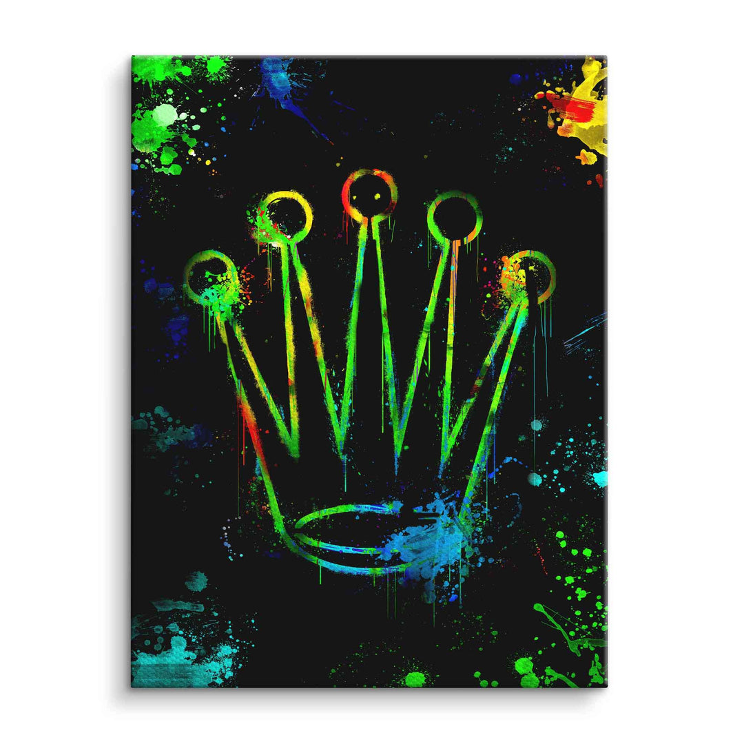 Modernes Wandbild mit bunter Krone auf schwarzem Hintergrund, Graffiti und Pop Art Stil