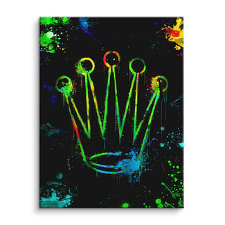 Modernes Wandbild mit bunter Krone auf schwarzem Hintergrund, Graffiti und Pop Art Stil