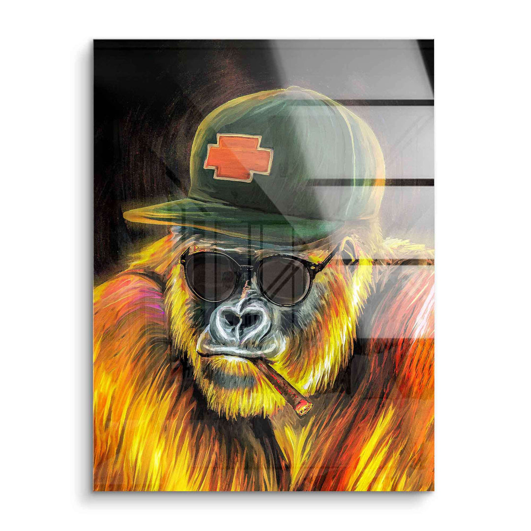 Modernes Acryl Wandbild mit gemaltem Gorilla, Sonnenbrille und Mütze, lässig, bunt