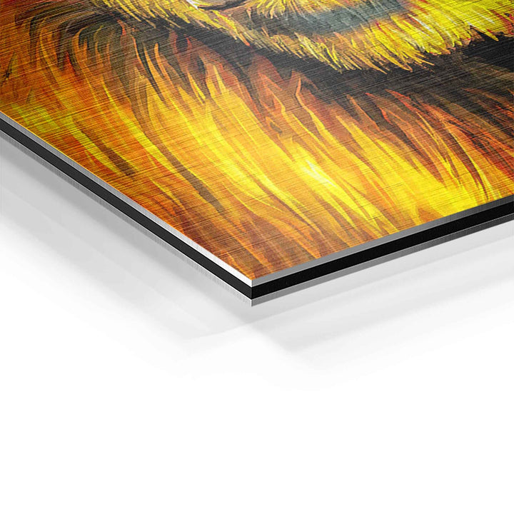 Detailaufnahme eines bunten Wandbilds mit Gorilla-Motiv auf gebürstetem Aluminium