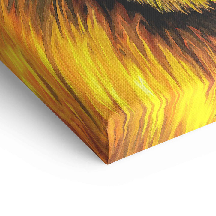 Detail Leinwandbild mit gelben, orangefarbenen Flammen-Motiv, strukturierte Oberfläche