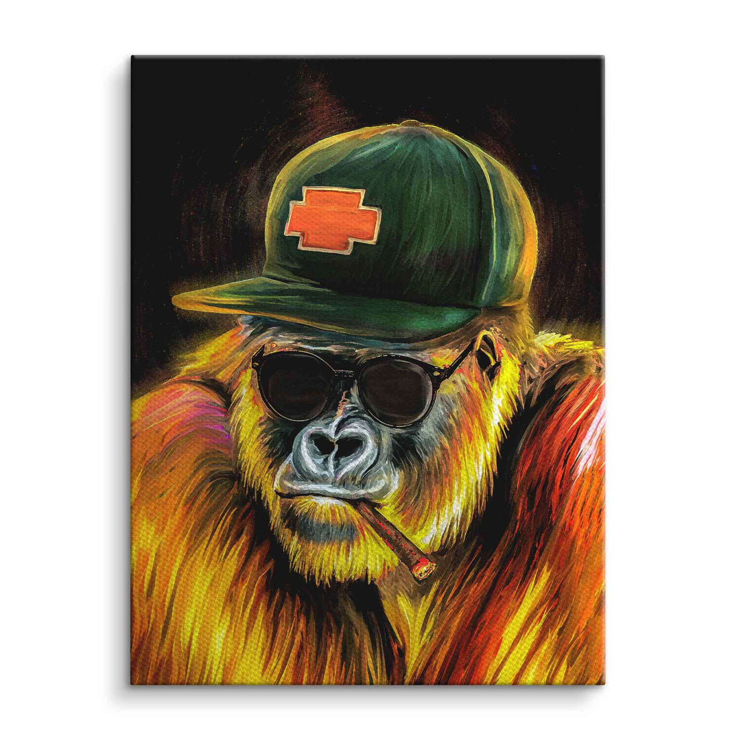 Buntes Wandbild Gorilla mit Basecap, Sonnenbrille und Zigarre, Leinwand Kunst