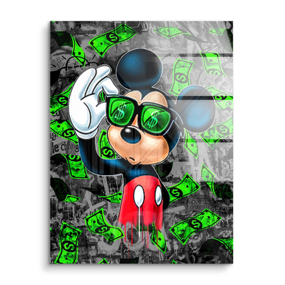 Modernes Wandbild mit cooler Comic-Maus, Sonnenbrille und Geldscheinen im Pop-Art Stil