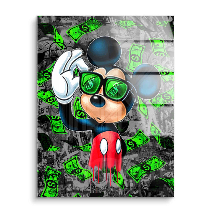 Modernes Wandbild mit cooler Comic-Maus, Sonnenbrille und Geldscheinen im Pop-Art Stil