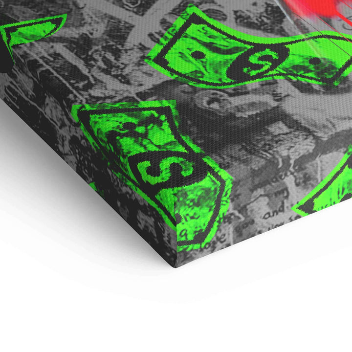 Detail eines Wandbilds mit grünen Geldscheinen auf grauem Hintergrund im Pop Art Stil
