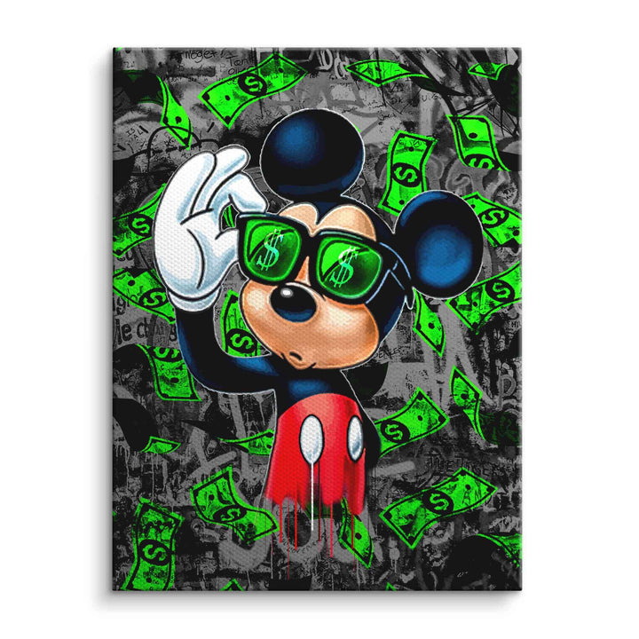 Leinwandbild mit cooler Cartoon-Maus, Sonnenbrille, Geldscheinen und Streetart-Hintergrund