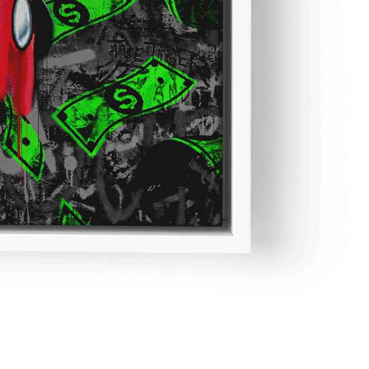 Pop Art Wandbild mit Comicfigur und grünem Geldregen auf schwarzem Graffiti-Hintergrund