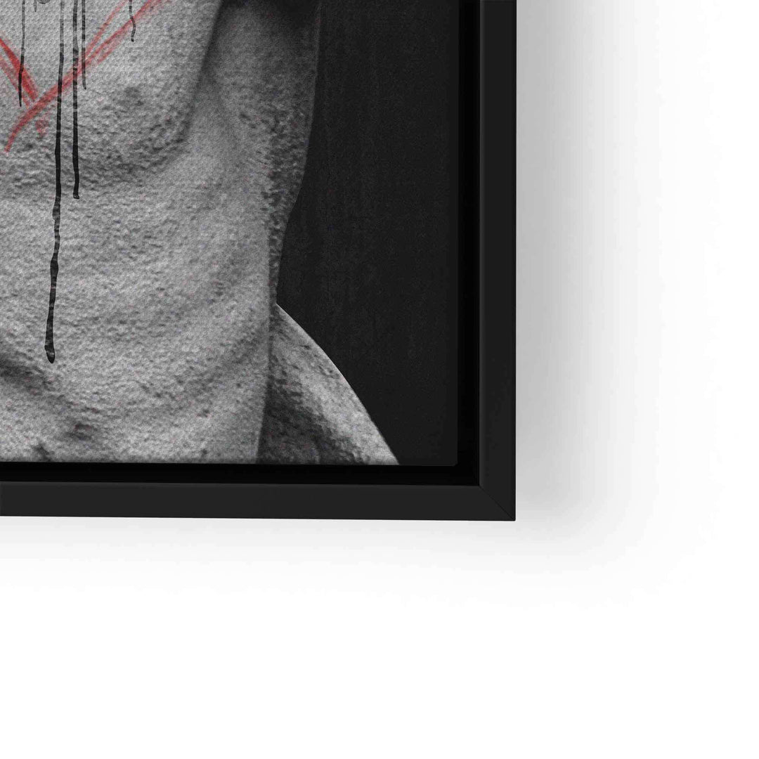 Modernes Wandbild mit Statue, schwarzer Hintergrund, rotes Herz, Kunst auf Leinwand
