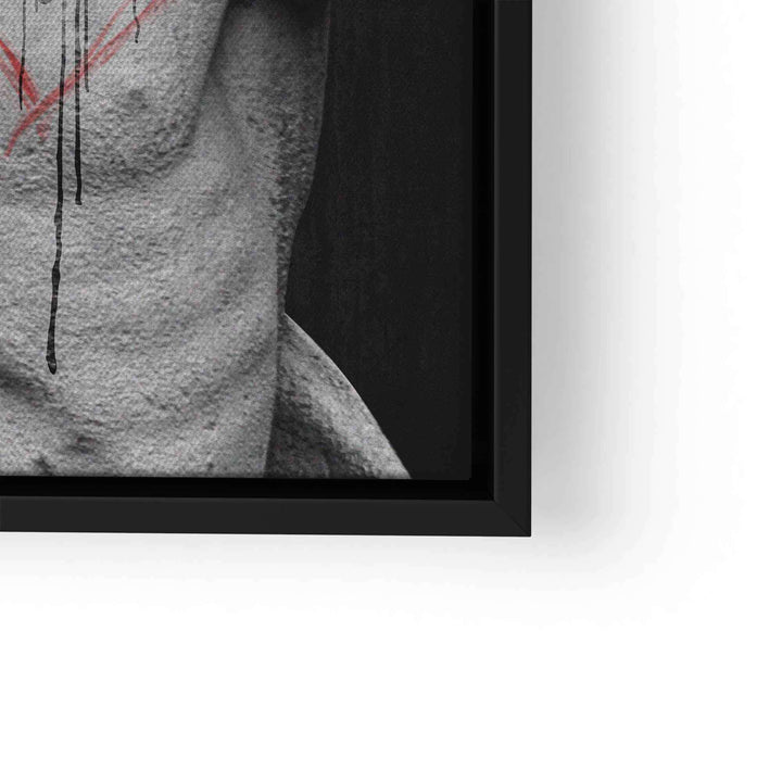 Modernes Wandbild mit Statue, schwarzer Hintergrund, rotes Herz, Kunst auf Leinwand