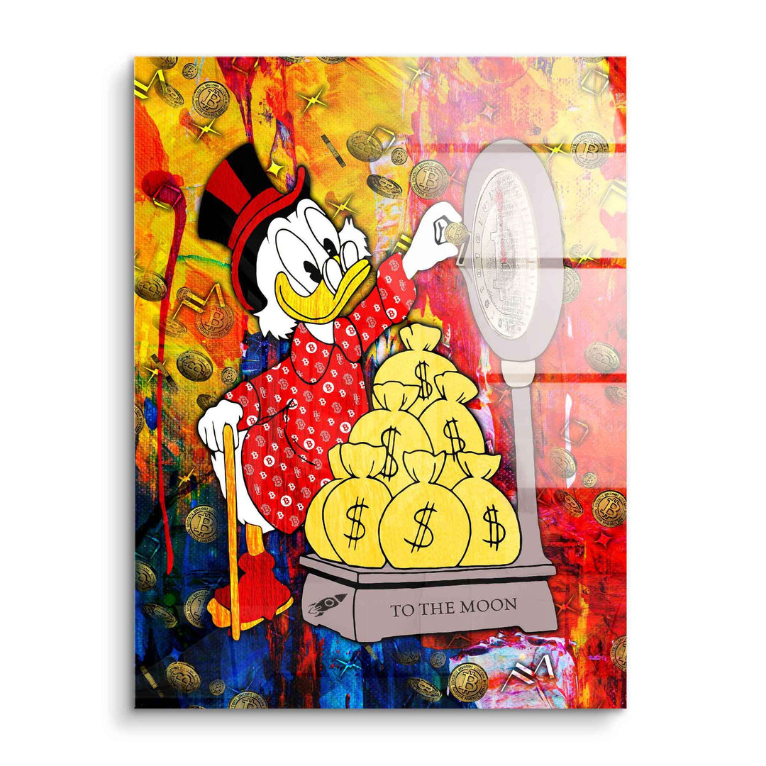 Pop Art Wandbild mit Comic-Ente, Geldsäcken und Bitcoins, bunter Hintergrund