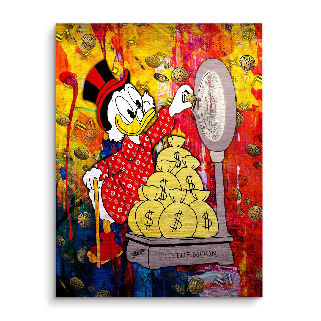 Comic-Ente zählt Bitcoins neben Geldsäcken auf bunter Pop Art Wandbild Illustration