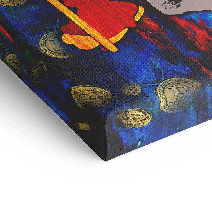 Detail eines Pop Art Leinwandbilds mit Comicfigur und goldenen Bitcoin-Münzen auf blauem Hintergrund