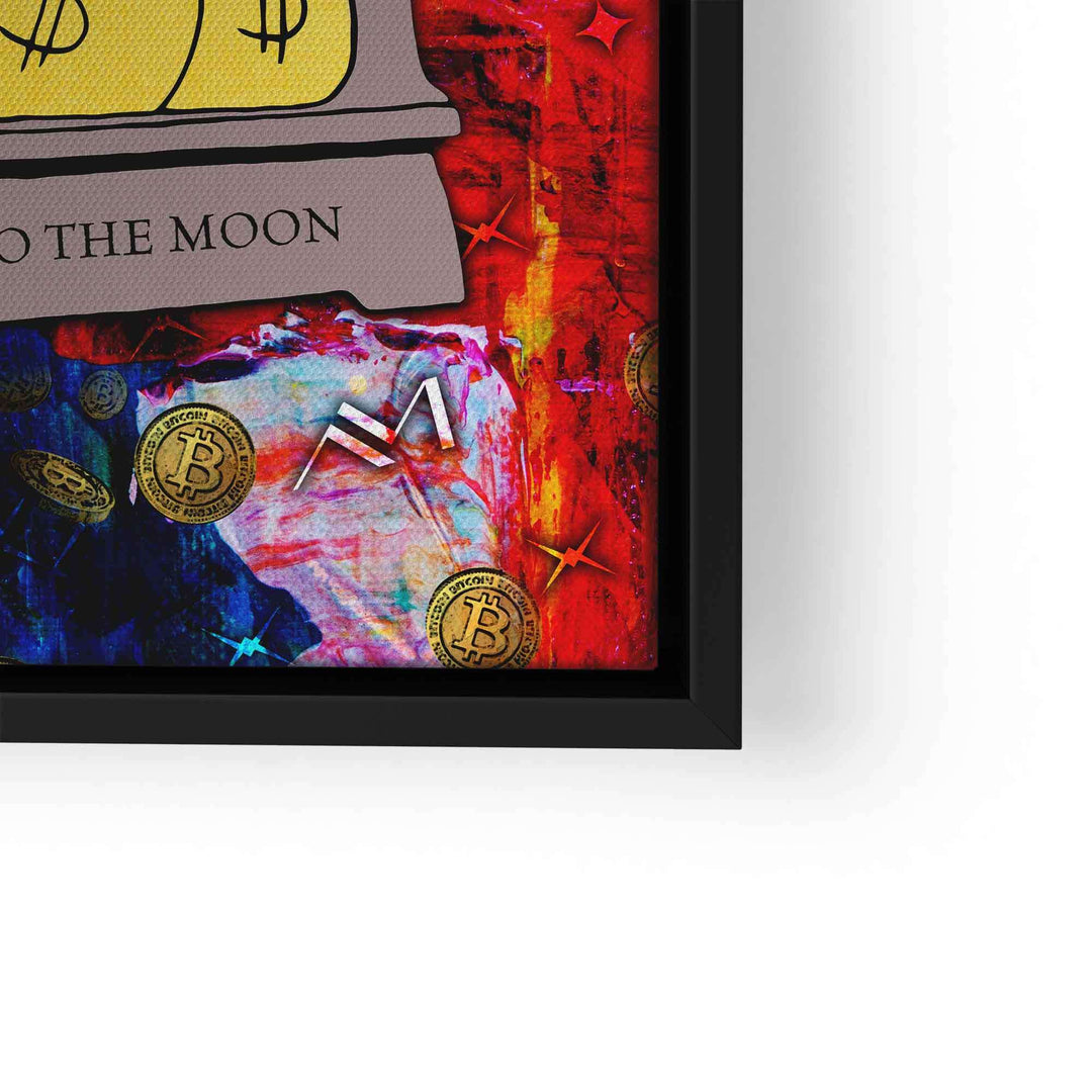 Wandbild mit Comic-Motiv, buntem Hintergrund und goldenen Bitcoin-Münzen, moderner Stil