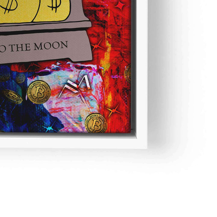 Modernes Wandbild mit Comic-Motiv, buntem Hintergrund und Bitcoin-Münzen, Pop Art Stil