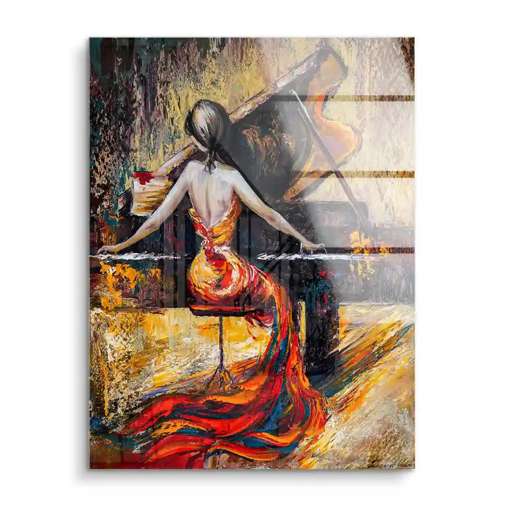 Frau im roten Kleid am Klavier, abstraktes Wandbild, moderne Kunst auf Acrylglas