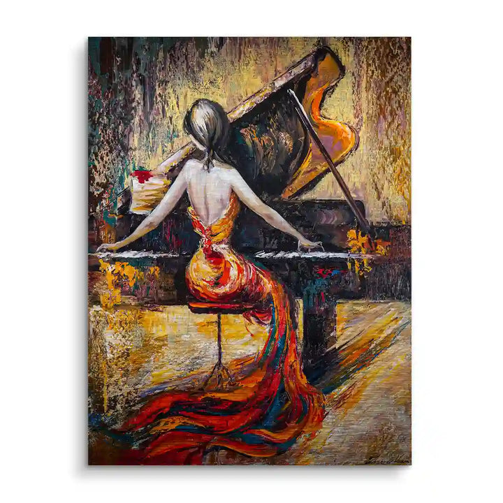 Gemälde einer Frau im roten Kleid am Flügel, abstrakte Wandkunst mit Musikmotiv