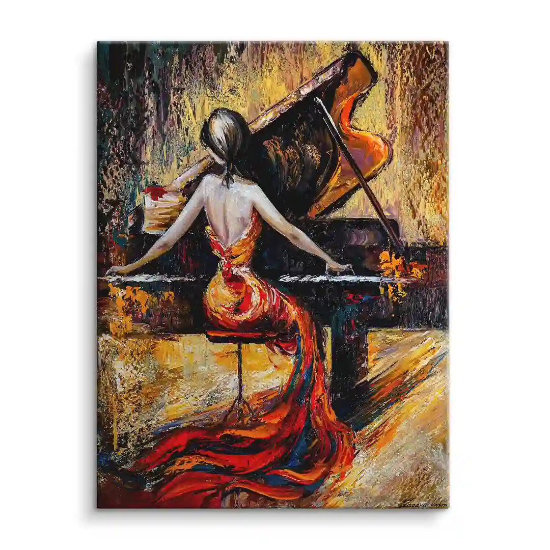 Gemälde einer eleganten Frau im roten Kleid am Klavier, stilvolle Wandkunst