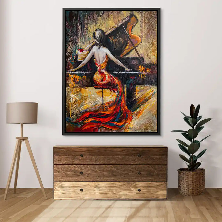 Modernes Wandbild: Frau im roten Kleid am Klavier, künstlerisches Gemälde für Wohnzimmer