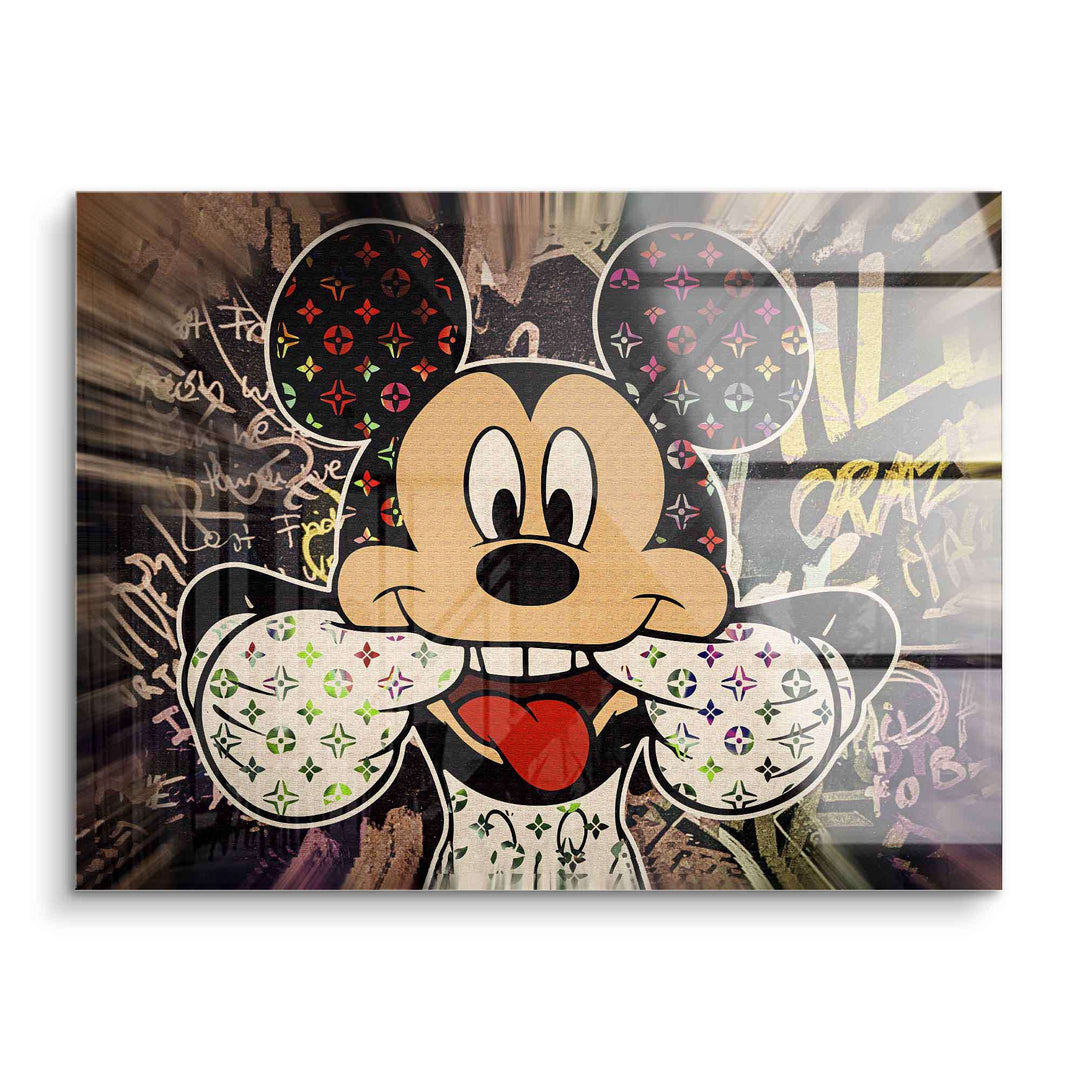 Wandbild mit bunter Comic-Maus, Pop Art Stil, Graffiti-Hintergrund, Acrylglas