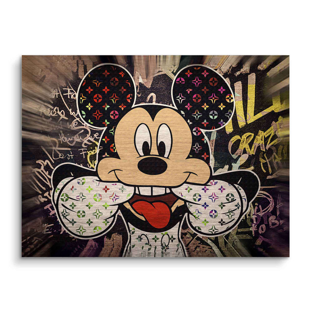 Wandbild im Pop Art Stil mit frecher Comic-Maus vor graffitiartigem Hintergrund