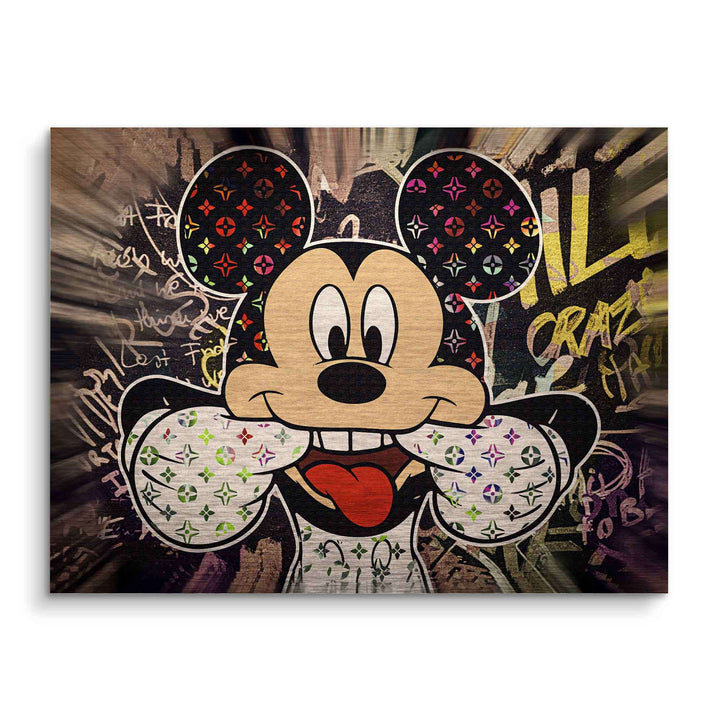 Wandbild im Pop Art Stil mit frecher Comic-Maus vor graffitiartigem Hintergrund