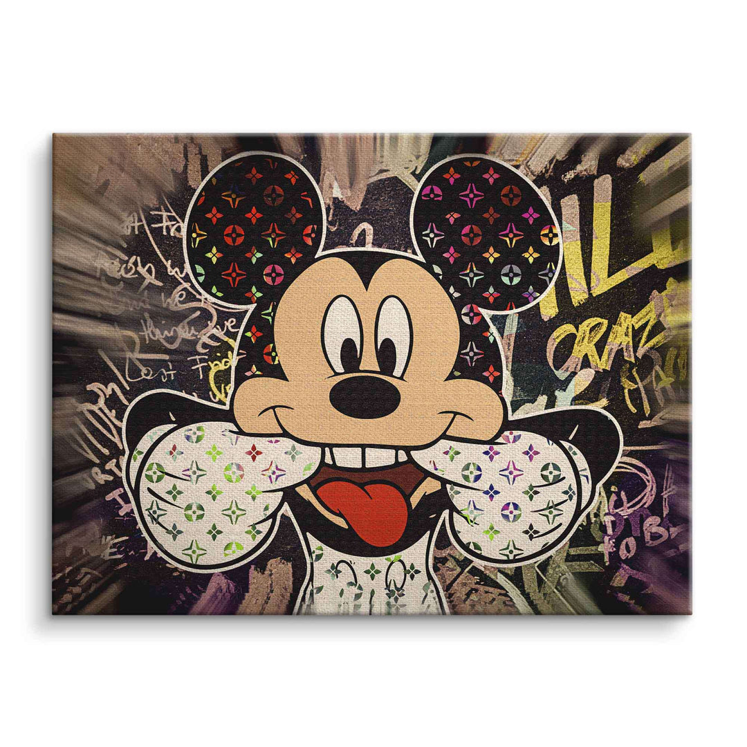 Wandbild mit frecher Comic-Maus im Pop Art Stil auf bunter Graffiti-Leinwand