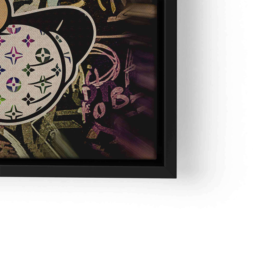 Modernes Pop Art Wandbild mit bunter Comic-Maus und Graffiti-Hintergrund im schwarzen Rahmen