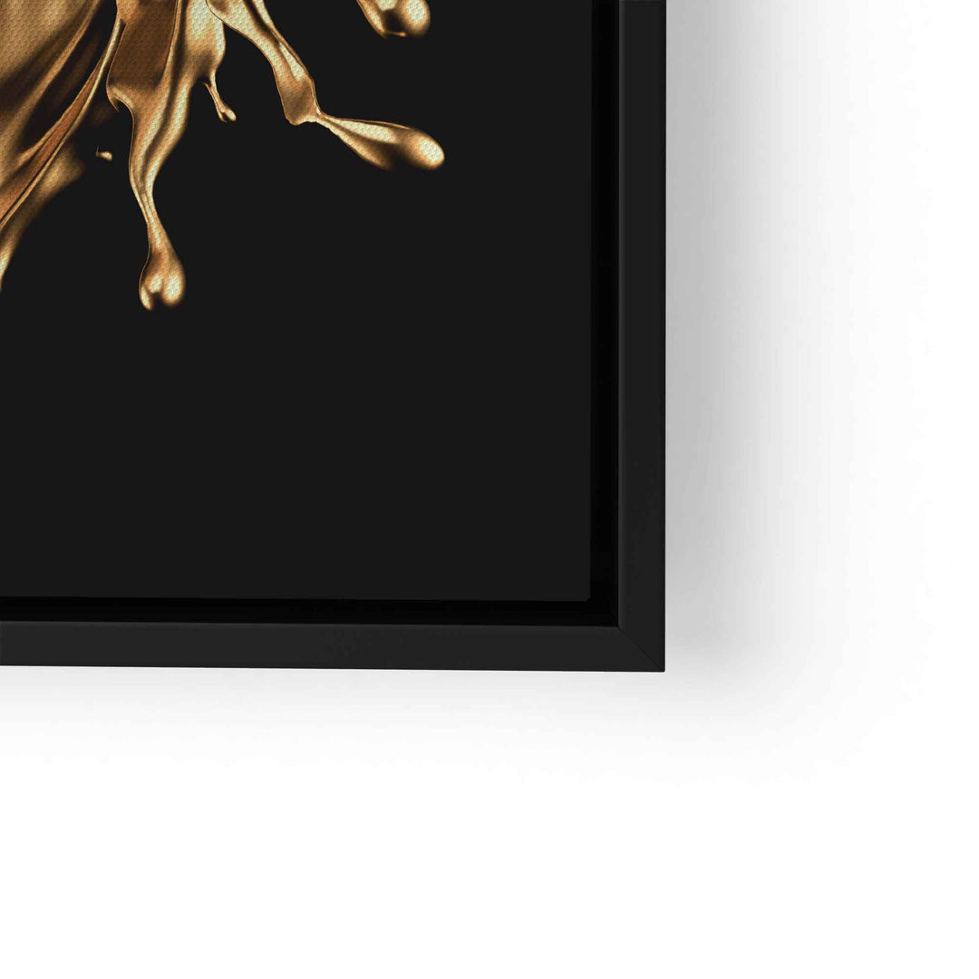 Modernes Wandbild mit goldfarbenem Splash auf schwarzem Hintergrund, gerahmt