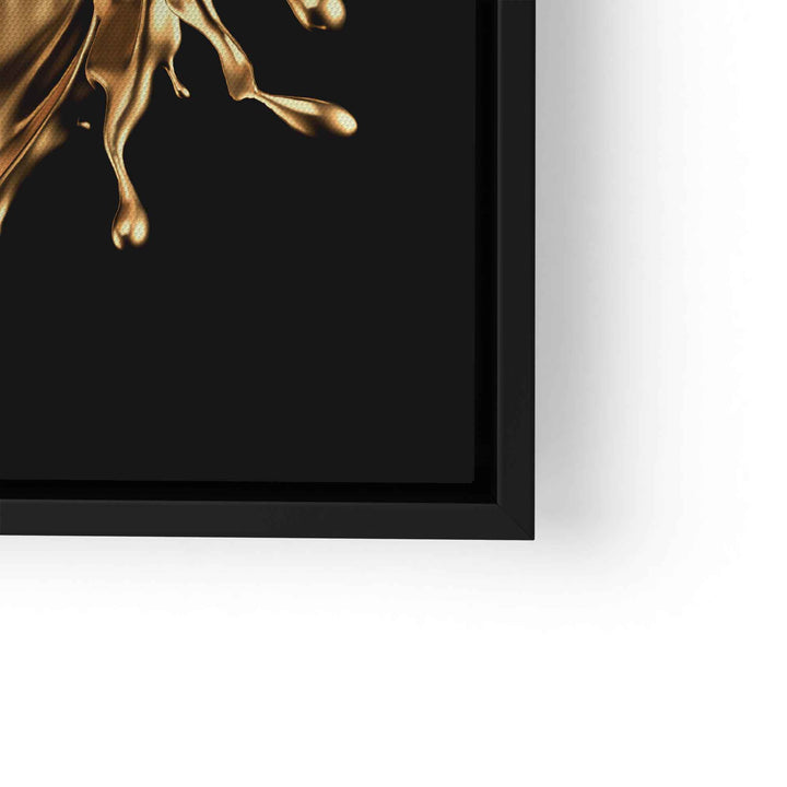 Modernes Wandbild mit goldfarbenem Splash auf schwarzem Hintergrund, gerahmt