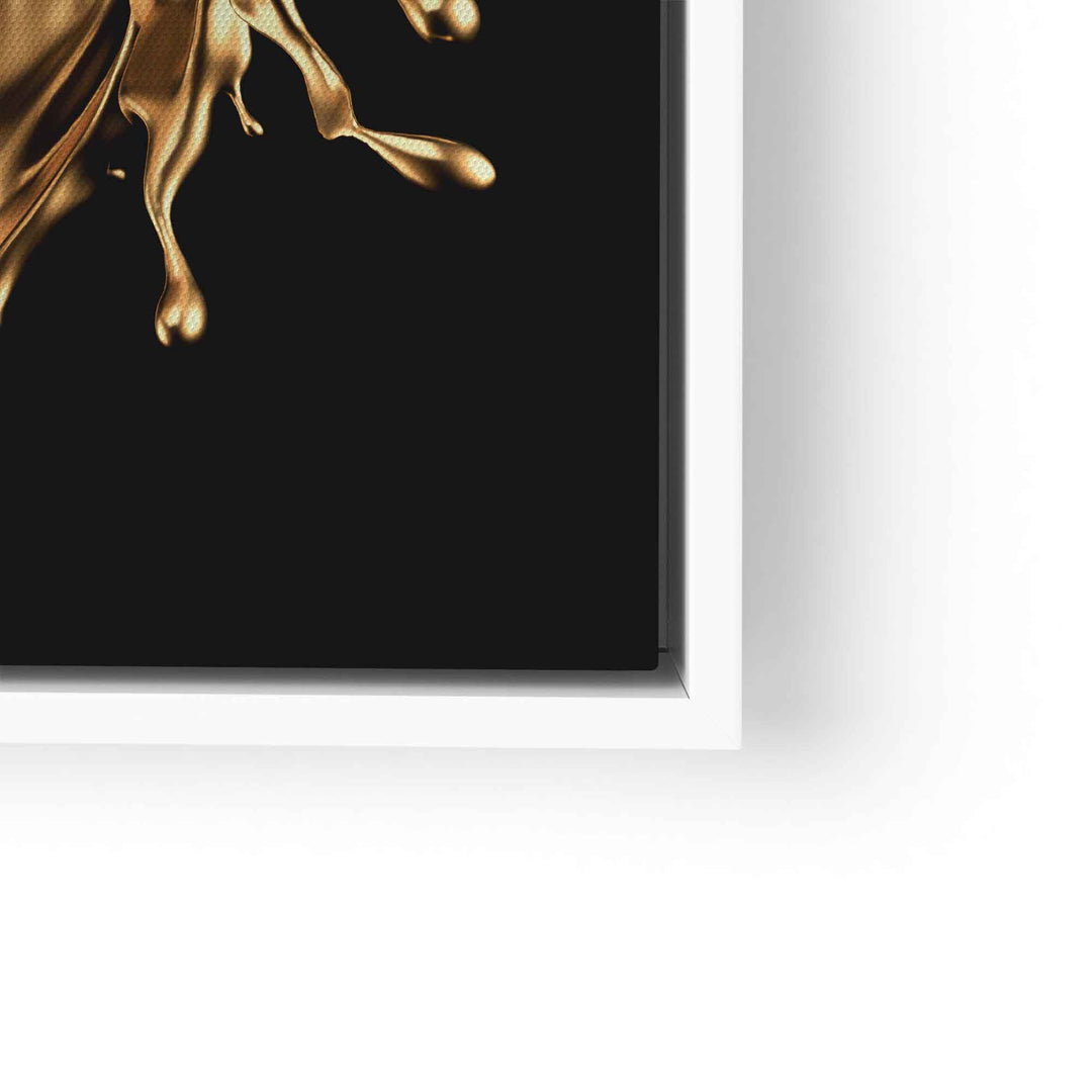 Modernes Wandbild mit goldfarbenem Splash auf schwarzem Hintergrund im weißen Rahmen