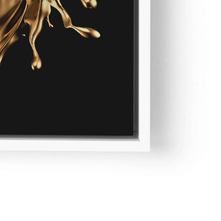 Modernes Wandbild mit goldfarbenem Splash auf schwarzem Hintergrund im weißen Rahmen