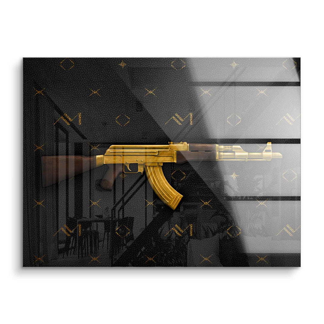 Modernes Wandbild mit goldener AK-47 auf schwarzem Acrylglas, Luxusmotiv Kunst