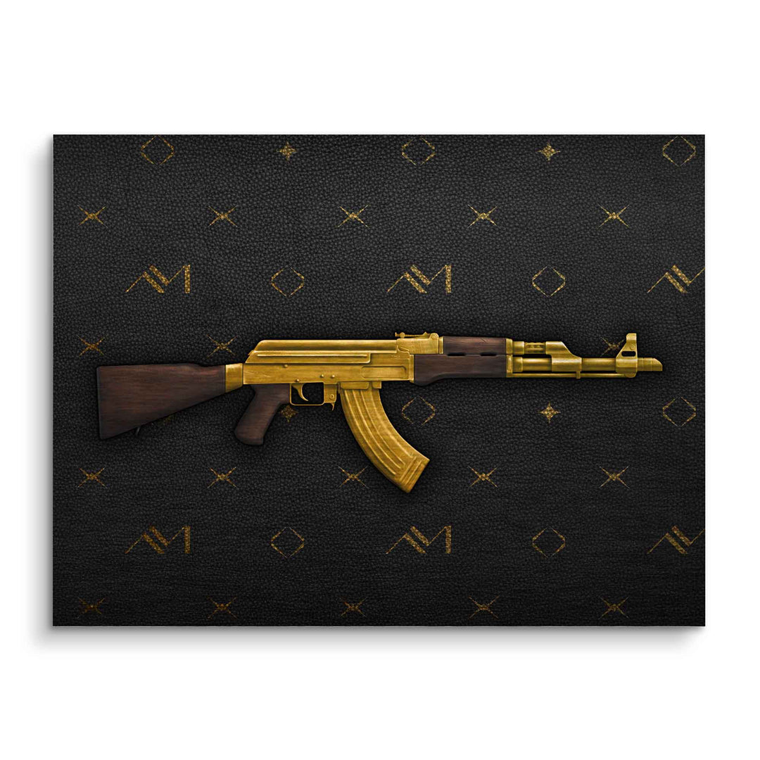 Modernes Wandbild mit goldener AK-47 auf schwarzem Hintergrund mit goldenen Mustern
