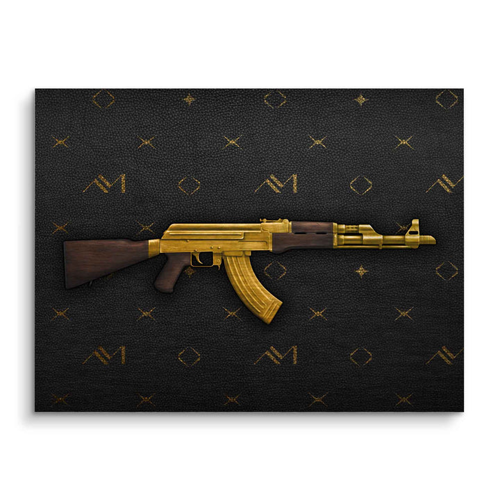 Modernes Wandbild mit goldener AK-47 auf schwarzem Hintergrund mit goldenen Mustern