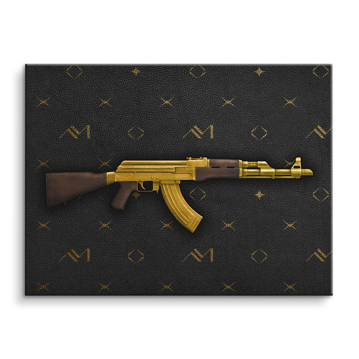 Modernes Wandbild mit goldener AK-47 auf schwarzem, gemustertem Hintergrund