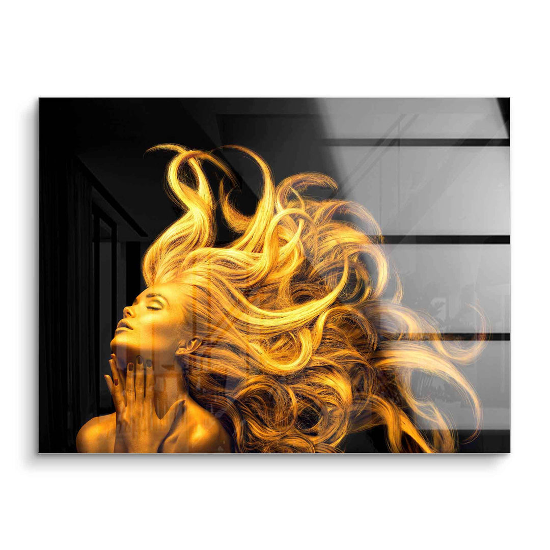 Wandbild mit goldener Frau, langer goldener Haarpracht, modernes Acrylglas Design