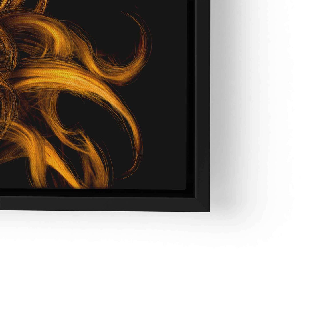 Modernes Wandbild mit goldener abstrakter Haarpracht auf schwarzem Hintergrund im Rahmen