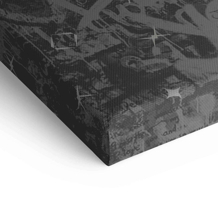 Detailaufnahme eines Leinwandbilds mit abstraktem Muster und goldener Statue, Wandbild modern