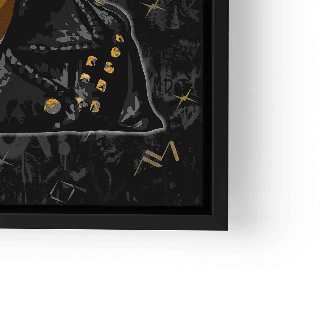 Modernes Wandbild mit goldener Freiheitsstatue auf schwarzem Hintergrund, abstrakte Details