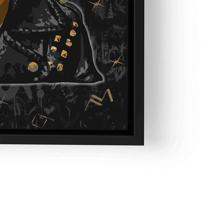 Modernes Wandbild mit goldener Freiheitsstatue auf schwarzem Hintergrund, abstrakte Details