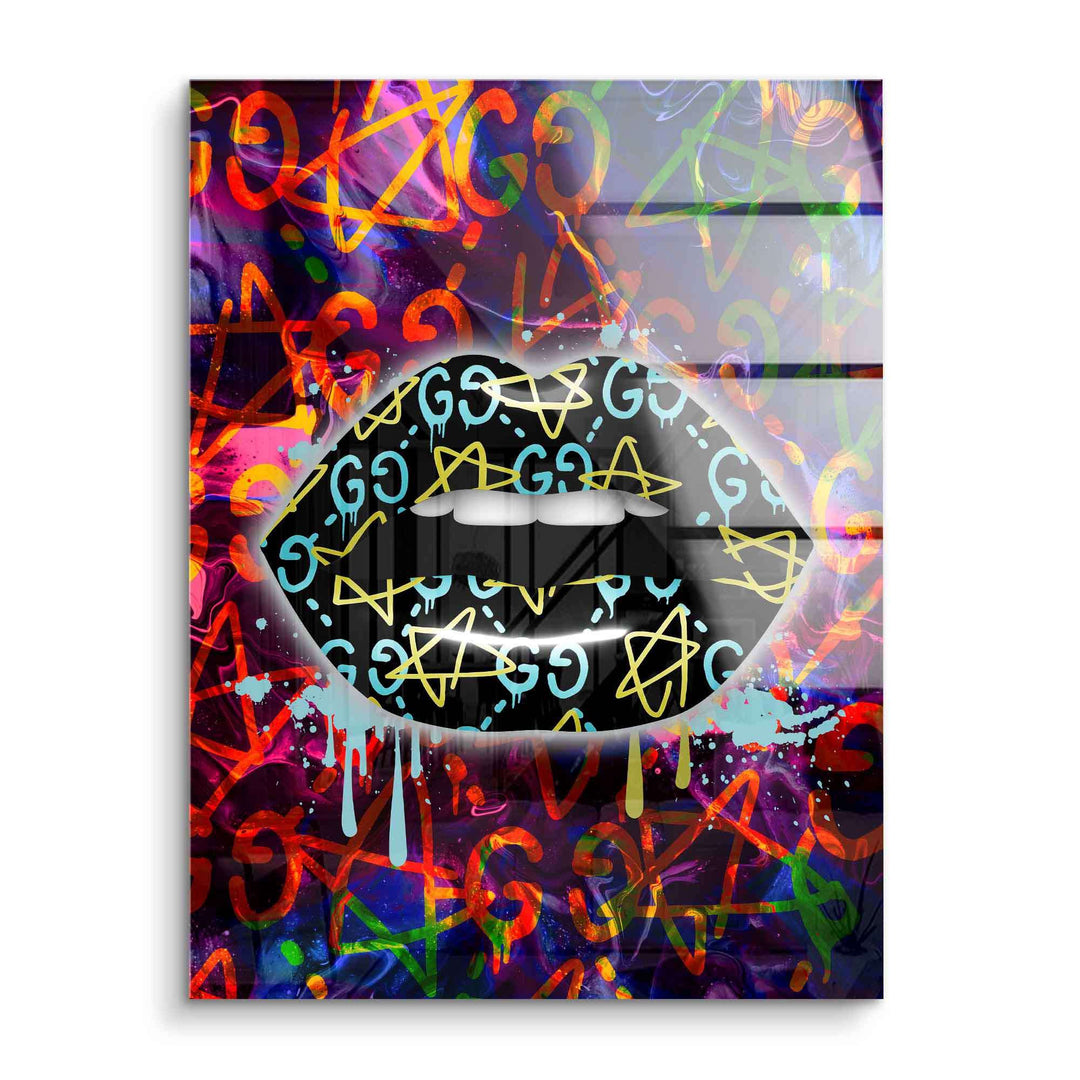 Pop Art Wandbild mit bunten Lippen, Sternen und Graffiti-Mustern auf Acrylglas