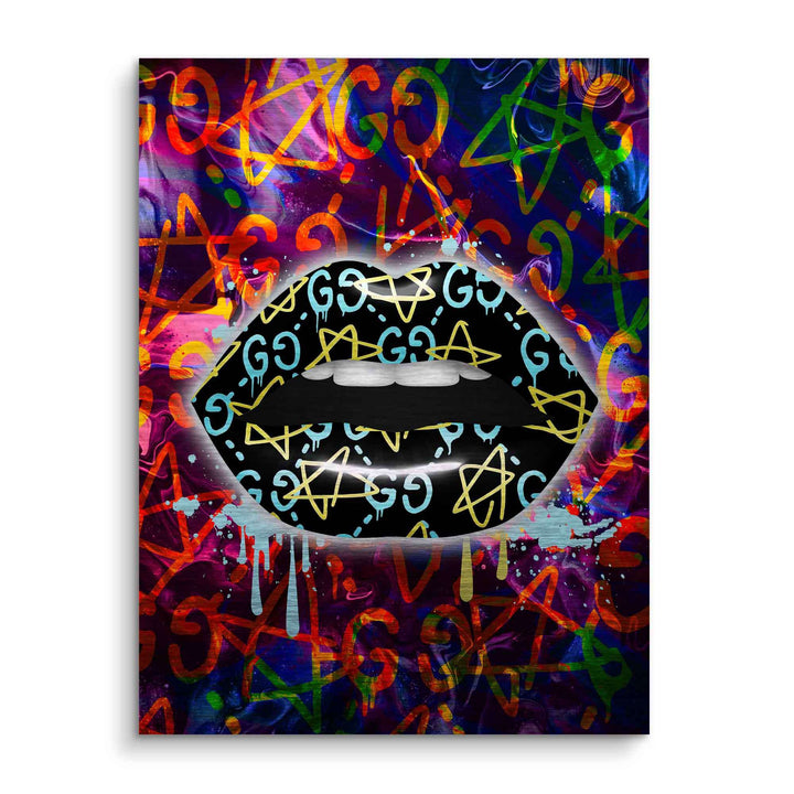 Modernes Wandbild mit bunten Lippen, Stern-Grafiken und Schrift auf abstraktem Hintergrund