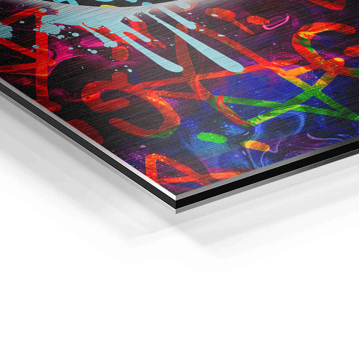 Detailaufnahme buntes Wandbild mit abstrakten Lippen, Graffiti und Muster, modern, Pop Art