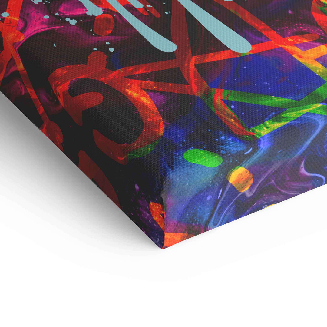 Detailaufnahme buntes Pop Art Wandbild mit abstrakten Formen und Farbklecksen auf Leinwand