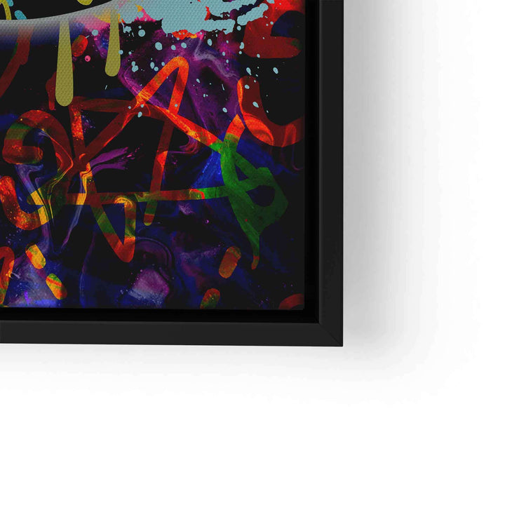 Modernes Wandbild mit bunten Lippen, abstrakten Mustern und schwarzem Rahmen