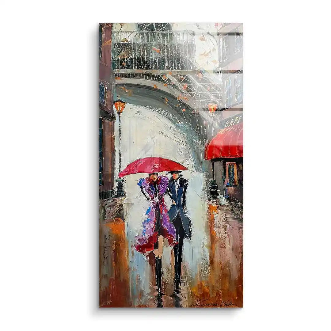 Modernes Wandbild: Paar mit rotem Regenschirm in Paris vor Eiffelturm, Acrylkunst
