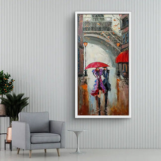 Modernes Wandbild Paar mit rotem Regenschirm vor Eiffelturm in Paris, impressionistisches Artwork